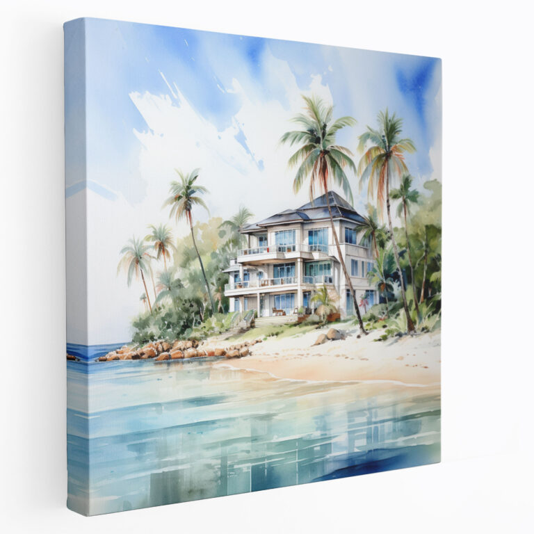 Watercolor Beachfront Hotel Canvas Print - Hotel, Canvas Wall Art, Canvas, Watercolor Beachfront Hotel Canvas Print
