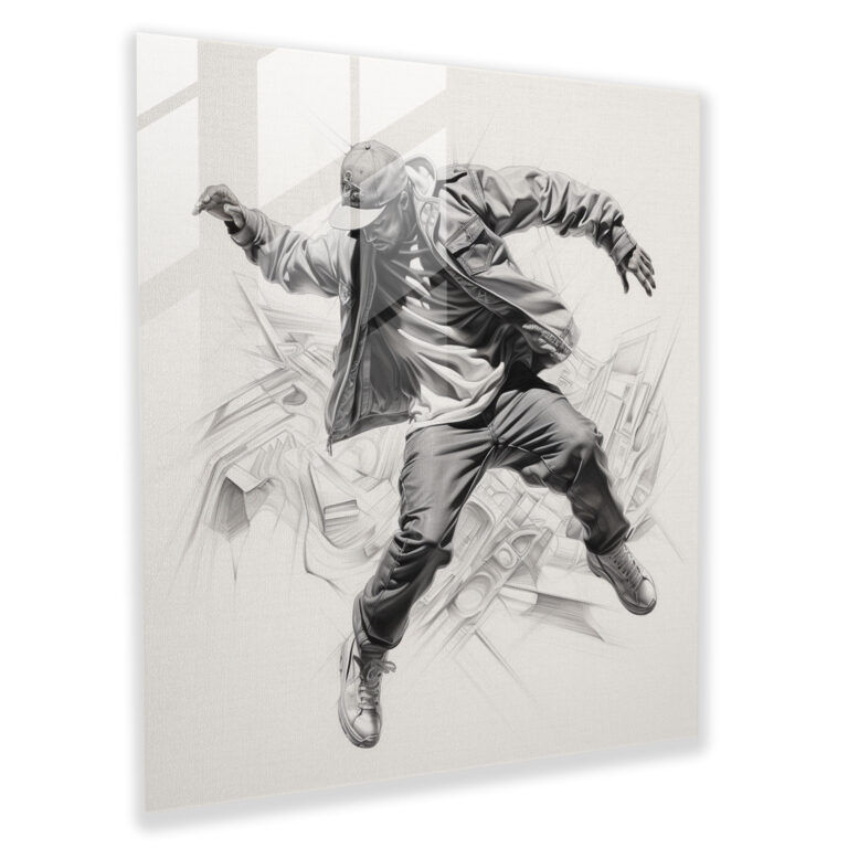 Intricate Graphite Fusion Glass Print - Dynamic Hip-Hop Dancer Glass Wall Art - Modern Home Decoration