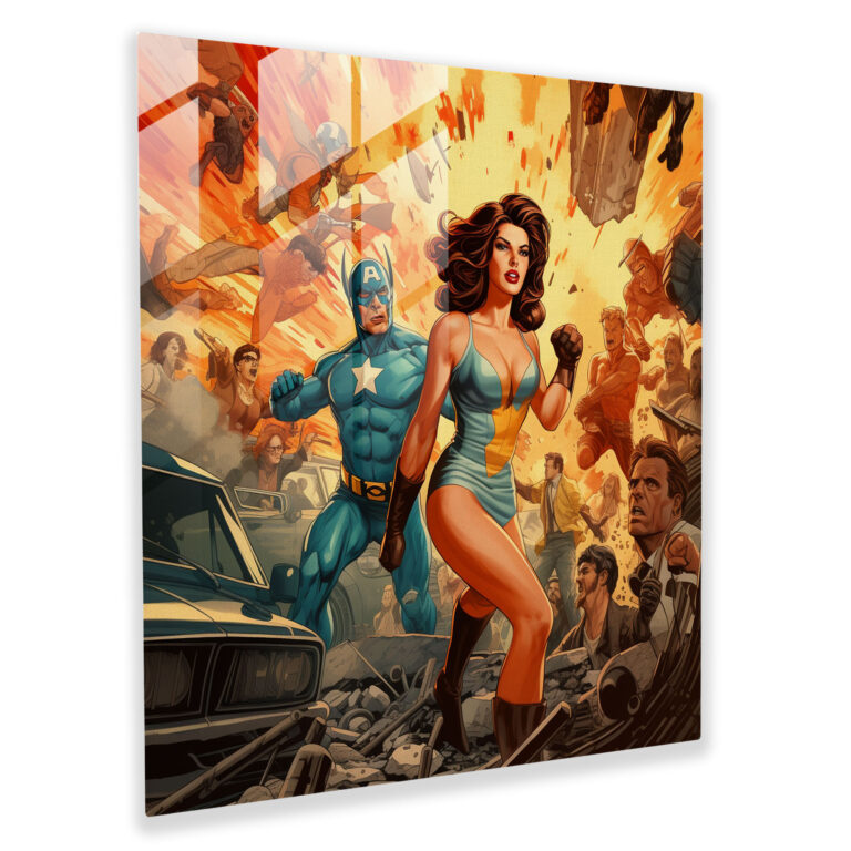 Dynamic Retro Comic Book Glass Print: Action-Packed Superhero Scene, Vintage Wall Decor