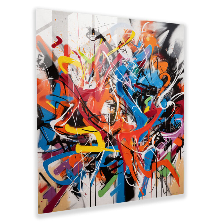 Rebellious Abstract Graffiti Glass Print: Bold Colors and Expressive Brushstrokes, Hip-Hop Wall Decoration