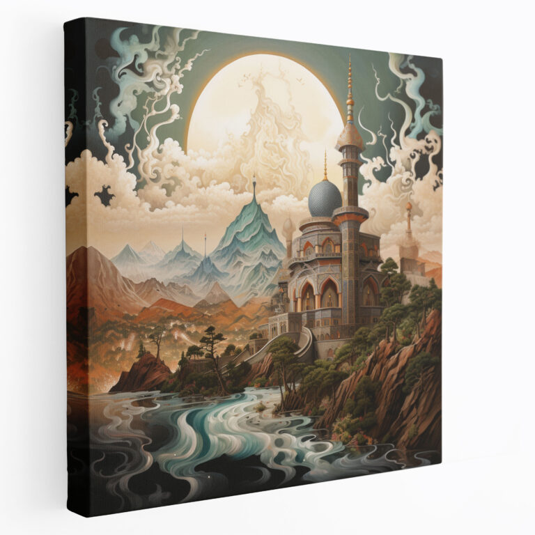 Holy Quran Wall Art - Hand-Painted Mosque On Mountain - Holy Quran, Mosque On Mountain, Islamic Architecture, Wall Art