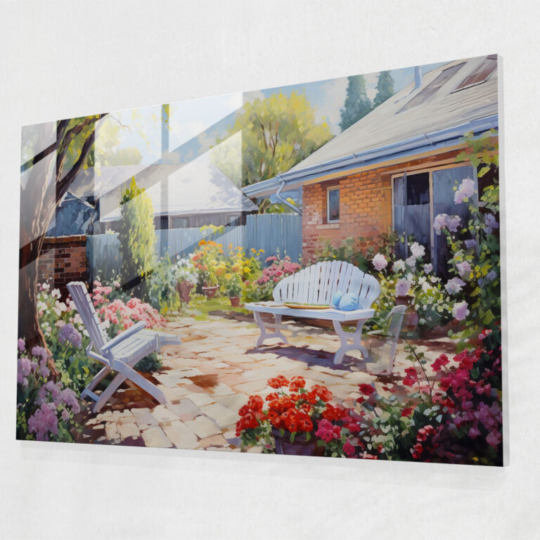 Serene Suburban Glass Print - Harlem, Cozy Suburban Backyard, Glass Print, Glass Wall Art