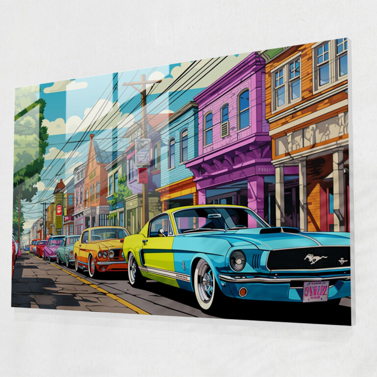 Pop Suburbia Glass Print - Harlem, Suburban, Classic Cars, Modern Art