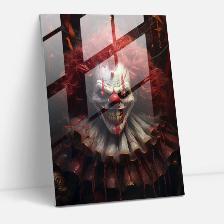 Horror Glass Print - Creepy Clown In Circus Tent - Horror, Twisted Smile, Home Decoration, Creepy Clown