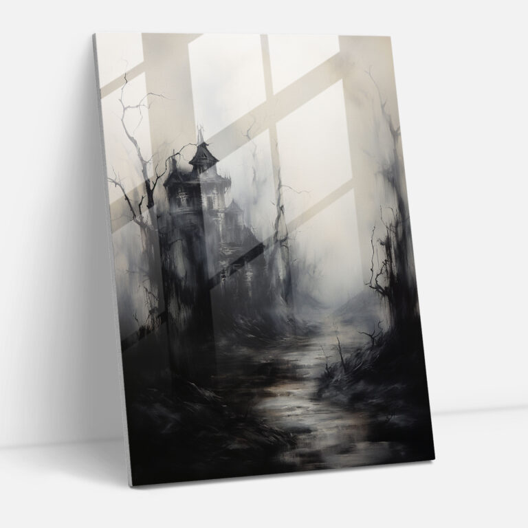 Horror Glass Print - Dark And Moody Abstract Haunted House - Horror, Glass Art, Glass Wall Art, Creepy Trees