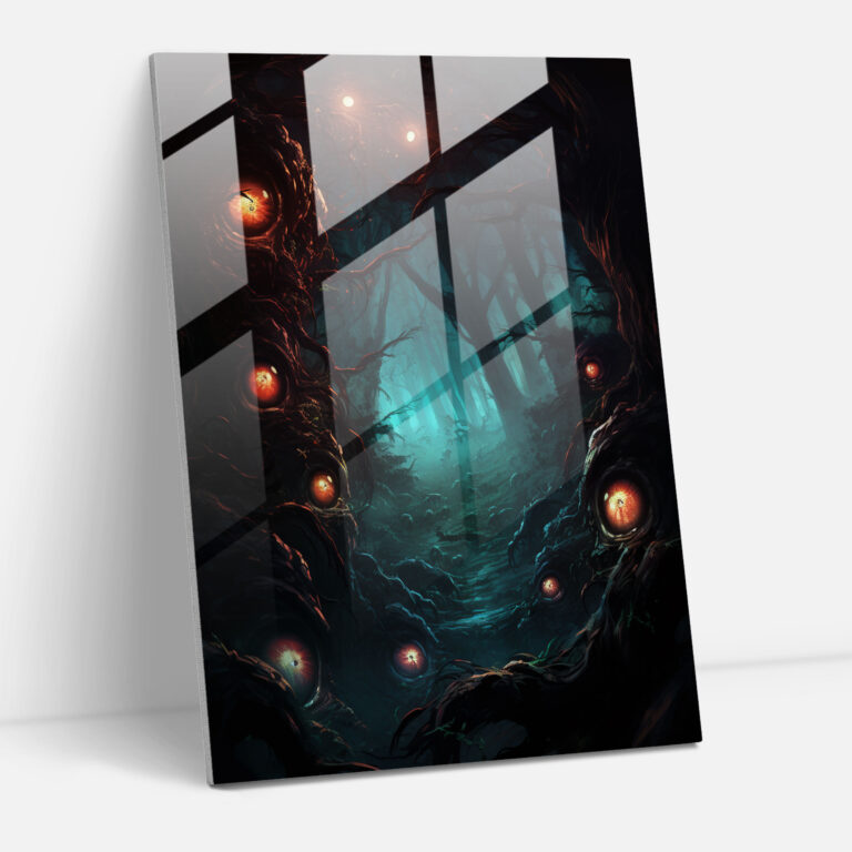 Horror Glass Print - Creepy Forest With Glowing Eyes - Horror, Modern Art, Wall Decoration, Digital Illustration