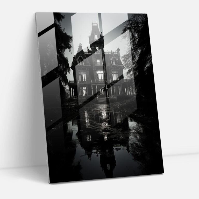 Horror Glass Print - Haunted Mansion In Monochrome - Horror, Haunted Mansion, Darkness, Home Decoration