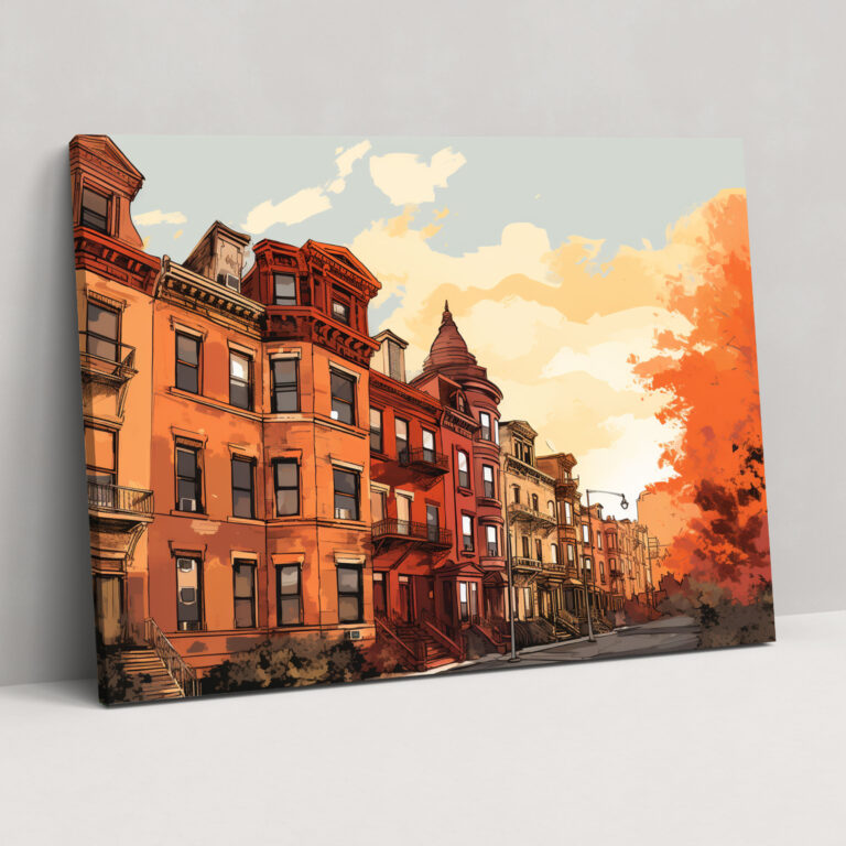 Harlem Wall Decoration - Sketch-Like Brownstone Buildings, Premium Canvas Print - Harlem, Harlem, Home Decoration, Sketch-Like Illustration
