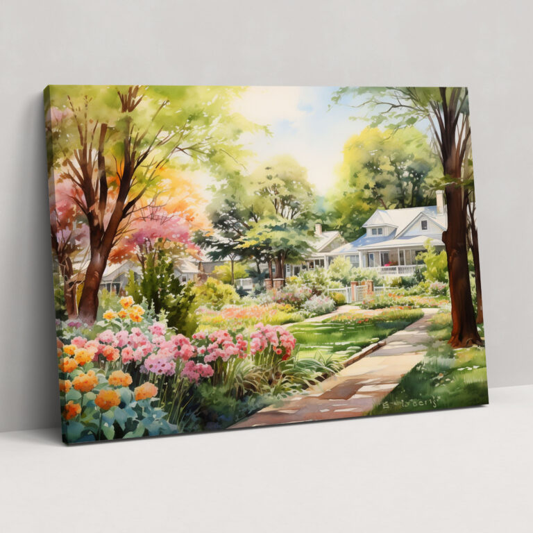 Blooming Suburban Canvas Print - Harlem, Watercolor Painting, Canvas Print, Suburban