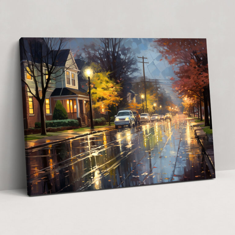 Rainy Suburban Street Canvas Print - Harlem, Wall Decoration, Impressionist Painting, Home Decoration