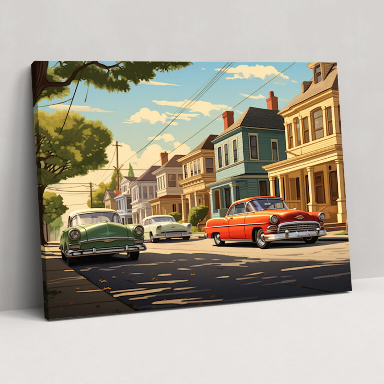 Vintage Suburban Wall Decoration - Harlem, Classic Cars, Retro Illustration, Home Decoration