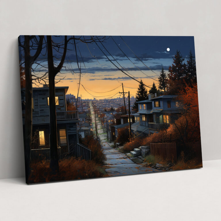 Twilight Reflections Wall Art - Harlem, Glowing City Lights, Contemporary Mixed Media Artwork, Suburban Street At Twilight