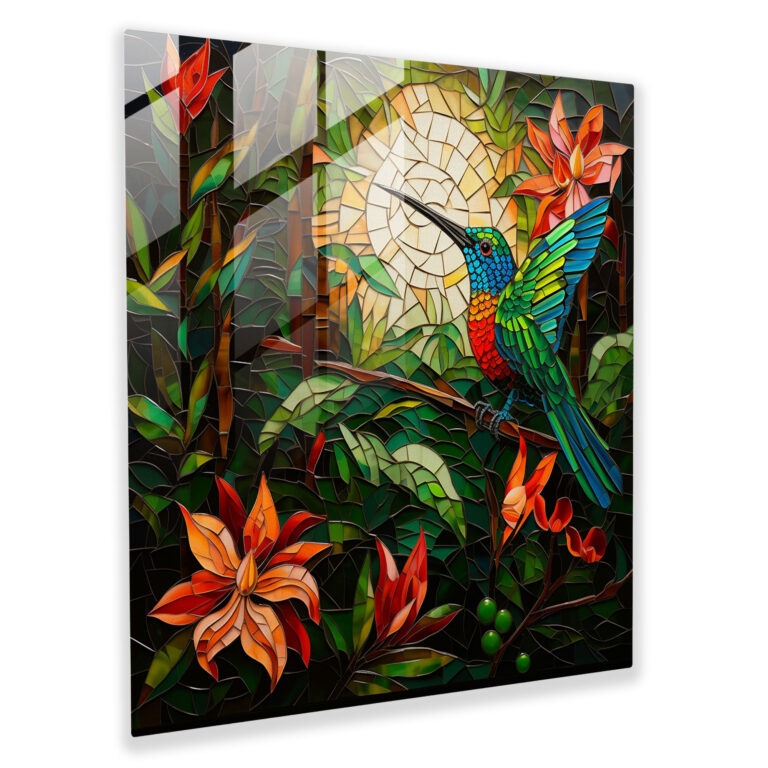 Tropical Mosaic Glass Print - Hummingbird, Glass Print, Tropical, Hummingbird