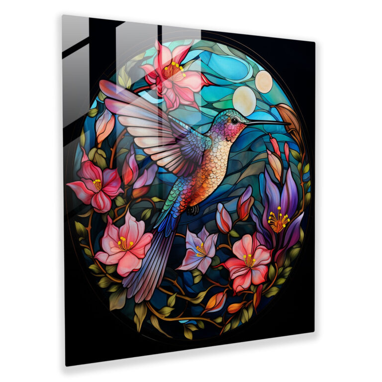 Whimsical Hummingbird Glass Print - Hummingbird, Stained Glass, Glass Wall Art, Modern Art