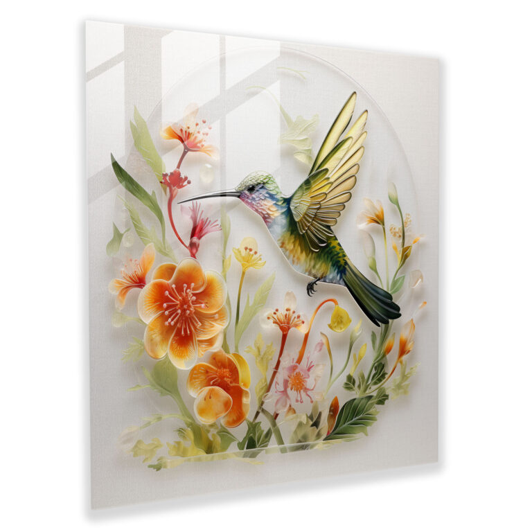 Botanical Hummingbird Glass Print - Hummingbird, Nature-Inspired, Glass Art, Wall Decoration