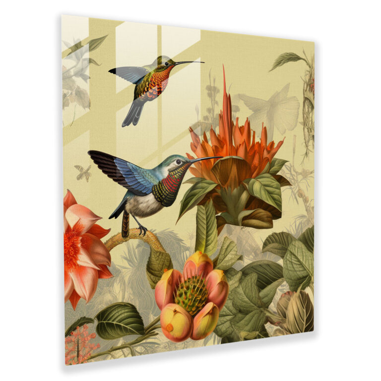 Vintage Hummingbird Glass Print - Hummingbird, Glass Print, Collage Of Vintage Illustrations, Wall Decoration