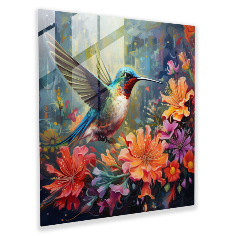 Whimsical Hummingbird Glass Print - Hummingbird, Modern Art, Colorful Flowers, Wall Decoration
