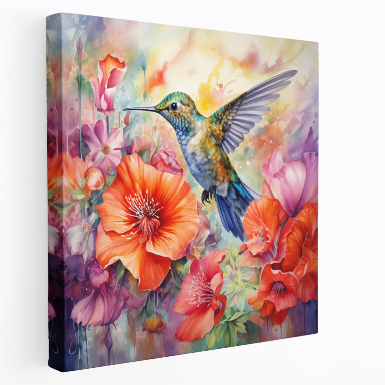 Hummingbird Watercolor Canvas Print - Hummingbird, Wall Decoration, Vibrant Flowers, Hummingbird