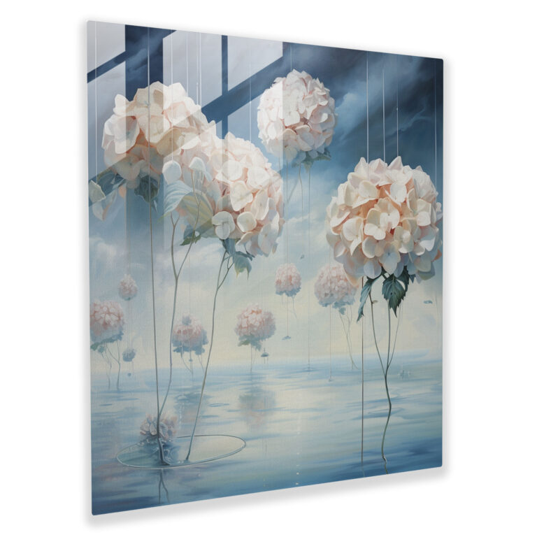 Hydrangea Surrealist Glass Print - Hydrangea, Glass Wall Art, Floating Flowers, Surrealist Painting