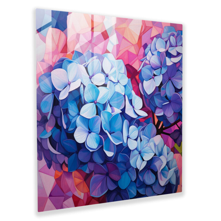 Hydrangea Geometric Glass Print - Hydrangea, Vibrant Shades, Glass Art, Home Decoration