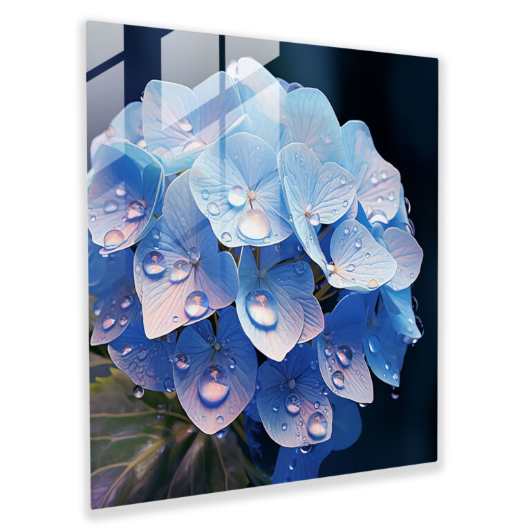 Hydrangea Blossom Glass Print - Hydrangea, Home Decoration, Delicate Petals, Digital Illustration