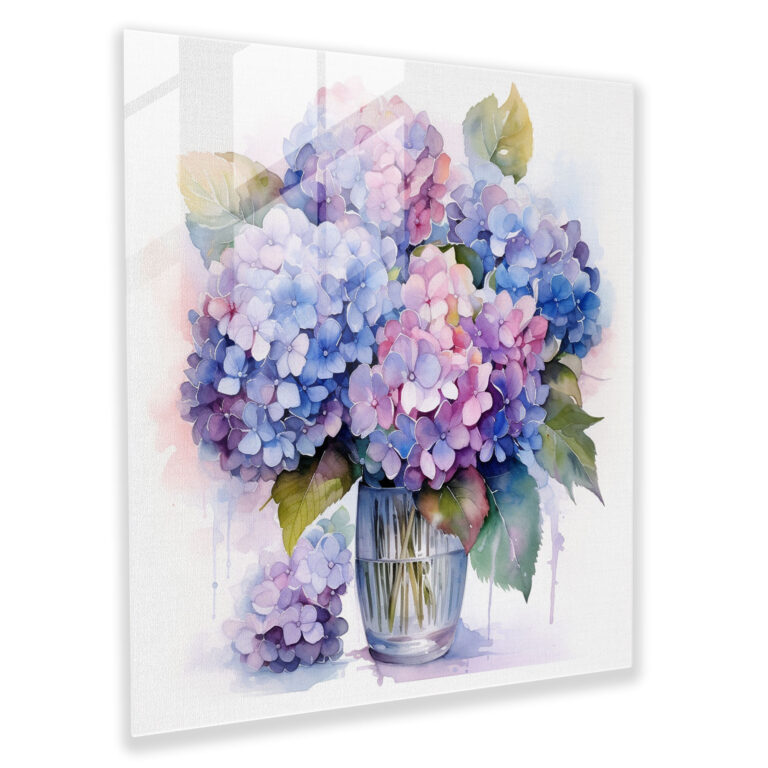 Elegant Hydrangea Glass Print - Hydrangea, Vibrant, Watercolor, Glass Art