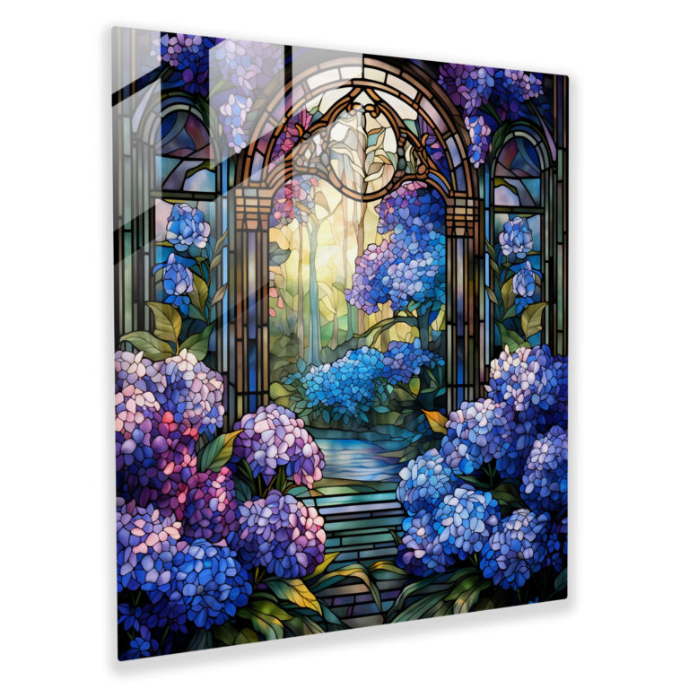 Vintage Hydrangea Stained Glass Art - Hydrangea, Colorful Flowers, Wall Decoration, Garden Scene