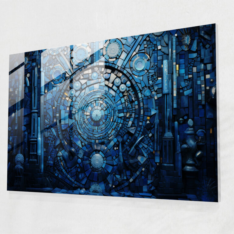 Esotericism Glass Print: Blue Stained Glass Mosaic - Illuminati, Glass Print, Stained Glass, Glass Wall Art