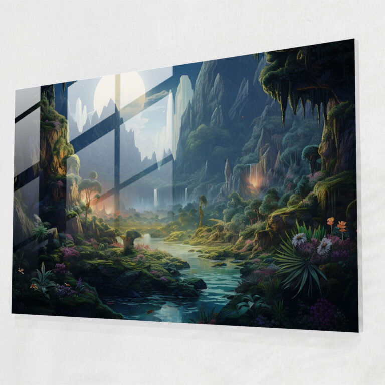 Esotericism Glass Print: Enigmatic Dreamlike Oasis - Illuminati, Fantastical Realm, Glass Art, Wall Decoration