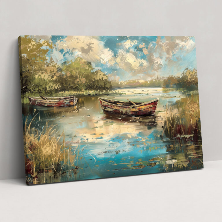 Impressionism Riverside Boats Canvas Print - Impressionism, Home Decoration, Wall Decoration, Wall Art