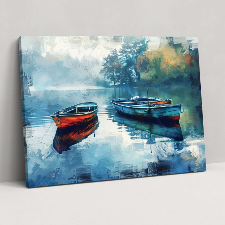 Impressionism Tranquil Lake Boats Canvas Print - Impressionism, Canvas, Wall Art, Home Decoration