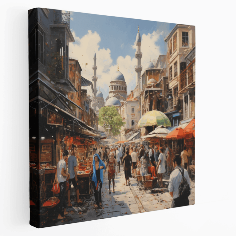 Contemporary Canvas Painting of Bustling Istanbul Street Scene