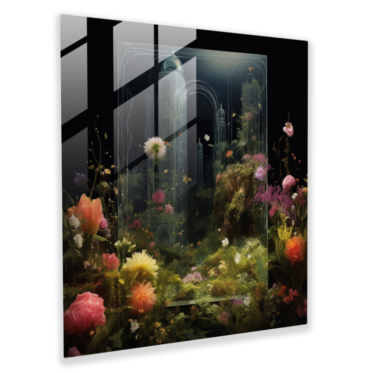 Botanical Glass Print - Kaaba In Lush Greenery - Kaaba, Tranquility, Lush Greenery, Blooming Flowers