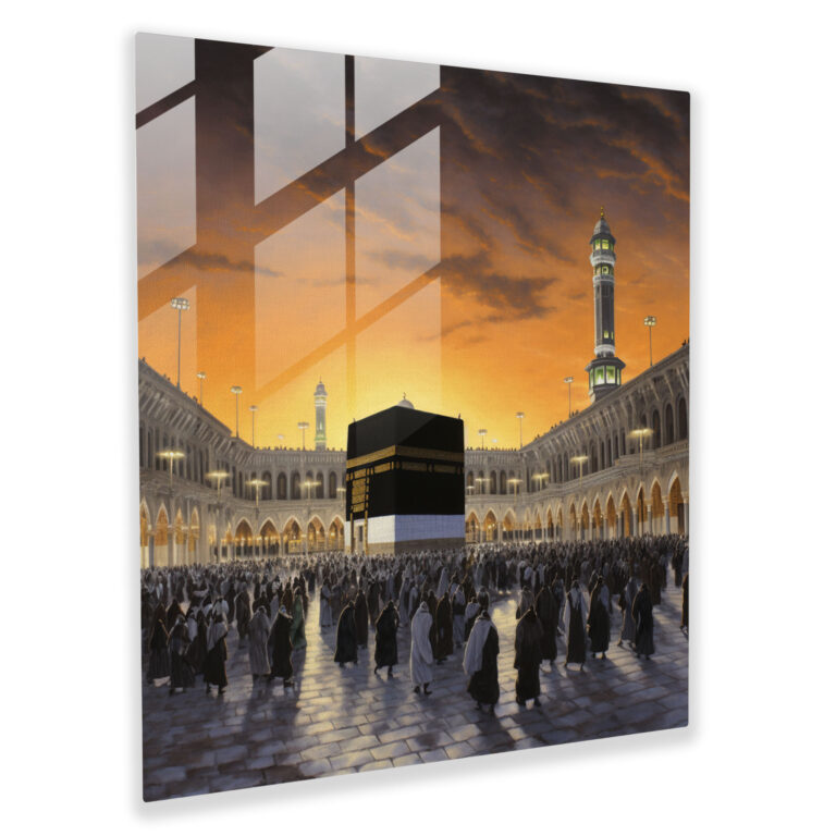 Kaaba Sunrise Glass Print - Kaaba, Serene Atmosphere, Modern Art, Warm Hues