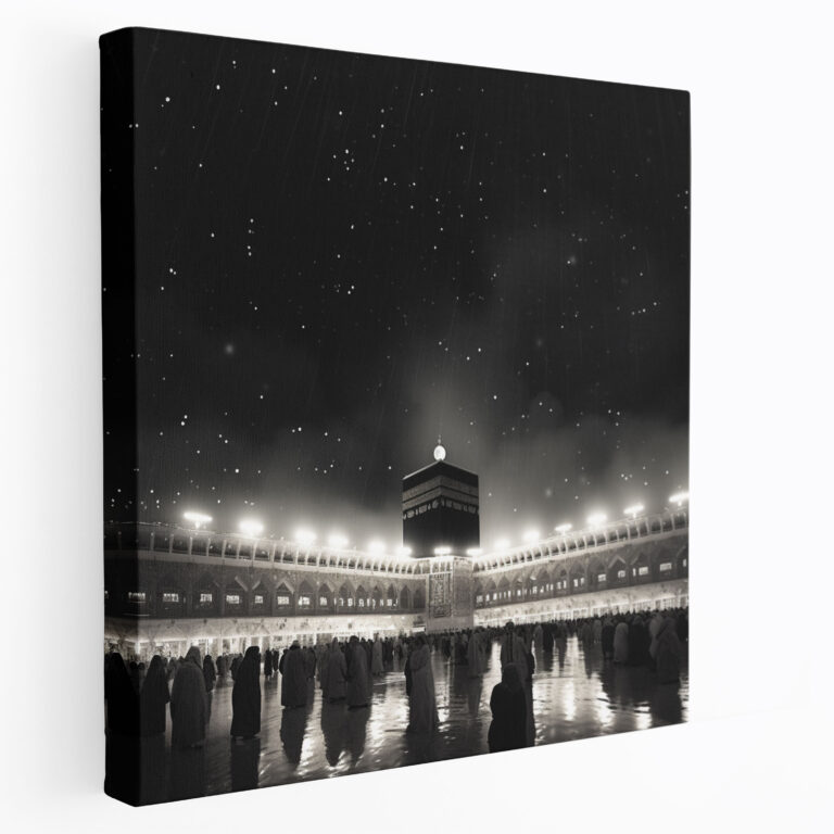 Kaaba Black And White Canvas Print - Kaaba, Wall Art, Stark Contrasts, Night Sky
