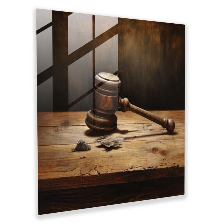 Art Of Judgment Glass Print - Law, Glass Art, Glass Wall Art, Wooden Desk