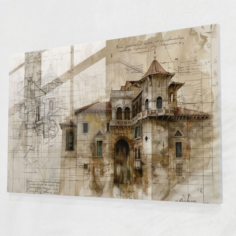 Leonardo Da Vinci Modern Art: Architectural Sketches - Leonardo Da Vinci, Leonardo Da Vinci, Glass Wall Art, Glass Print