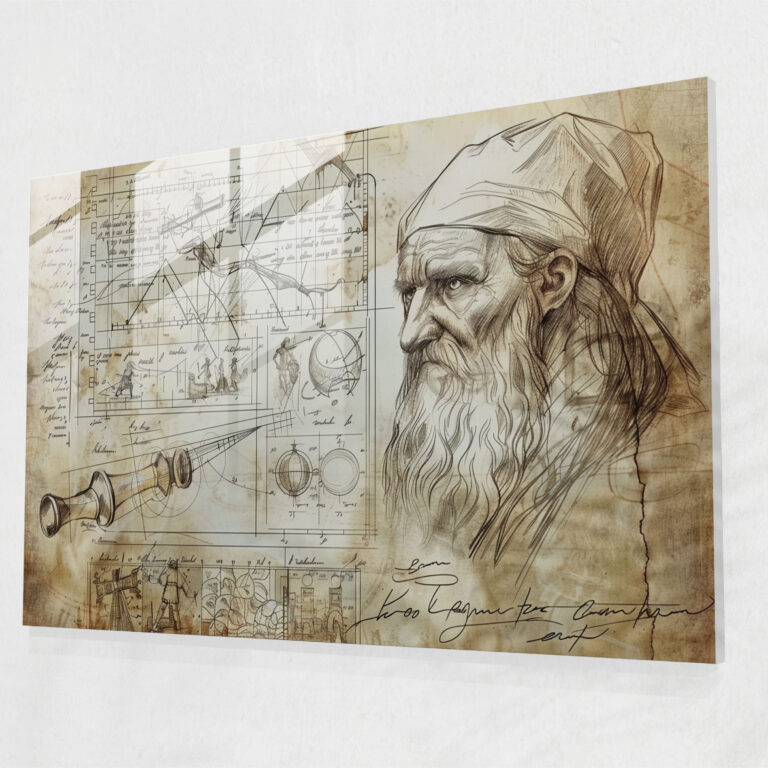 Scientific Sketch Glass Print - Leonardo Da Vinci, Wall Decoration, Leonardo Da Vinci, Home Decoration