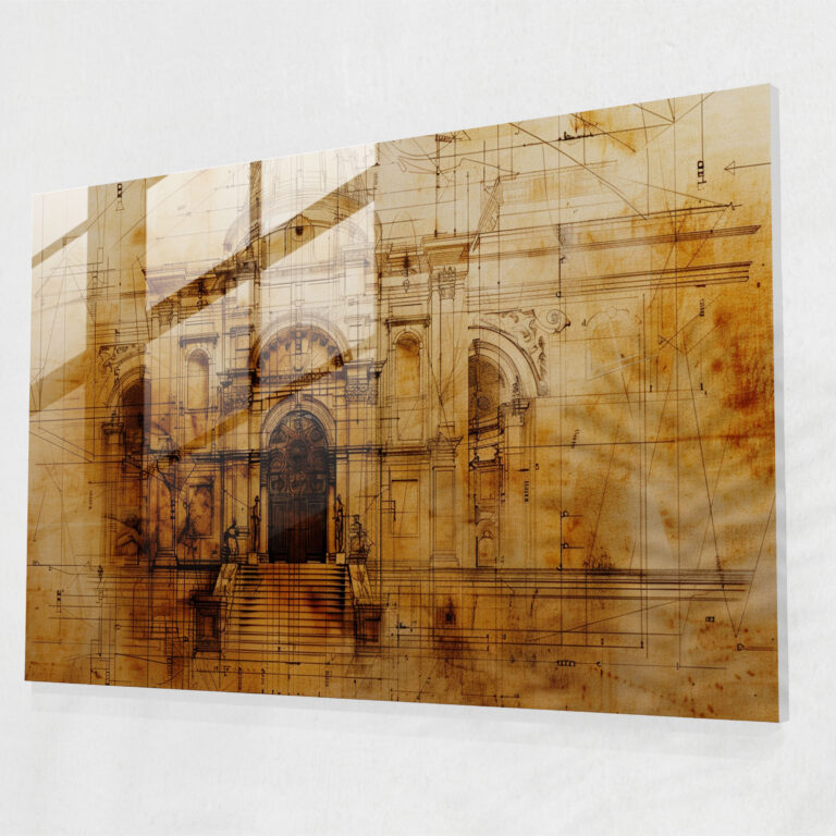 Architectural Blueprint Glass Print - Leonardo Da Vinci, Home Decoration, Modern Art, Glass Art