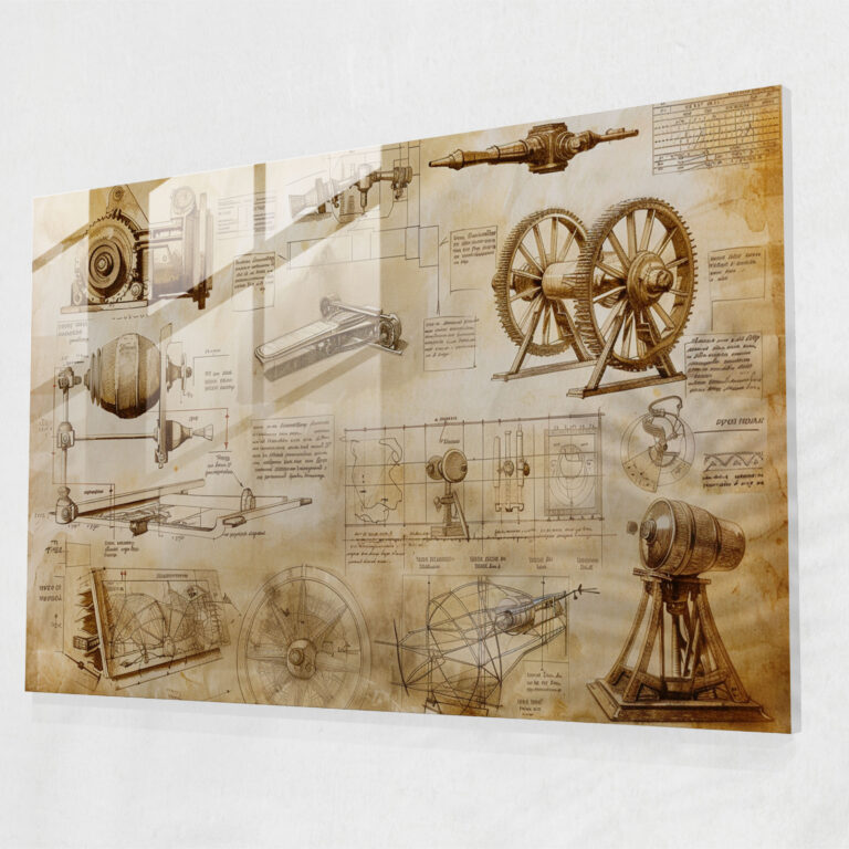 Leonardo Da Vinci Home Decoration - Detailed Machinery Sketch - Leonardo Da Vinci, Glass Art, Leonardo Da Vinci, Modern Art