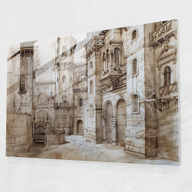 Leonardo Da Vinci Modern Art - Architectural Sketches - Leonardo Da Vinci, Wall Decoration, Leonardo Da Vinci, Glass Print