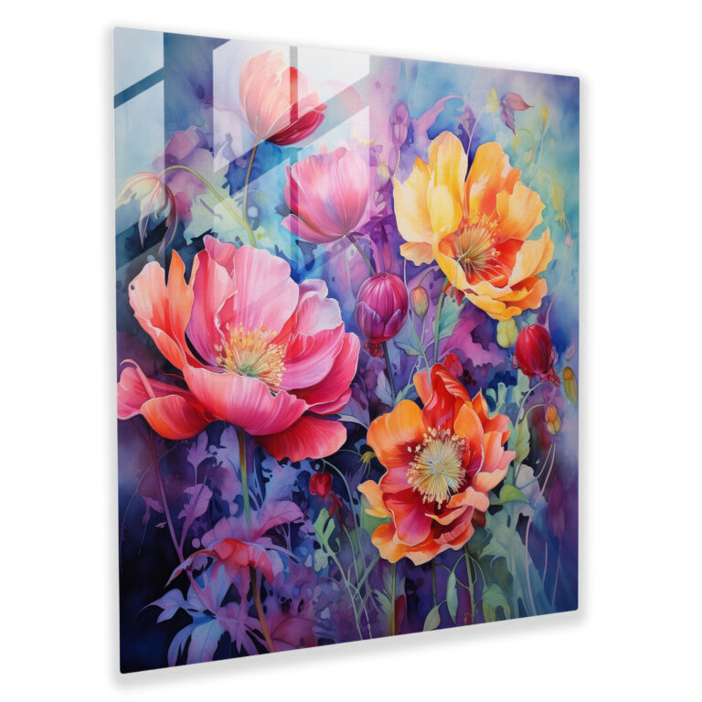 Lenticular Glass Art - Watercolor Flower Blooms - Lenticular, Watercolor Painting, Glass Wall Art, Changing Colors