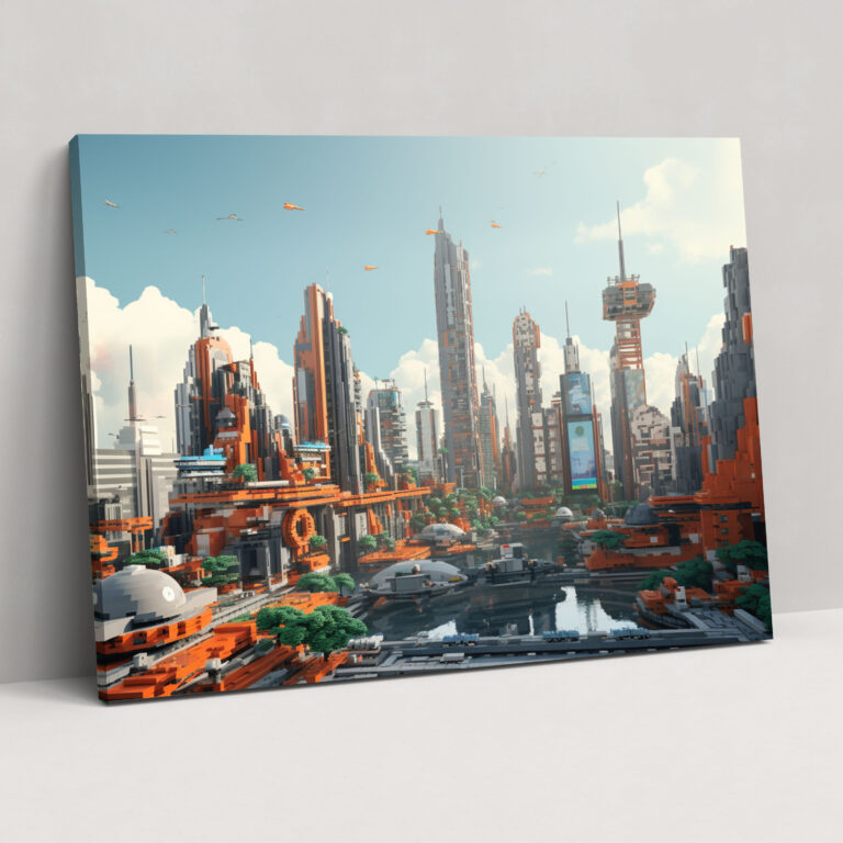 Lego Glass Print - Futuristic Cityscape - Lego, Glass Print, 3D Rendering, Wall Decoration