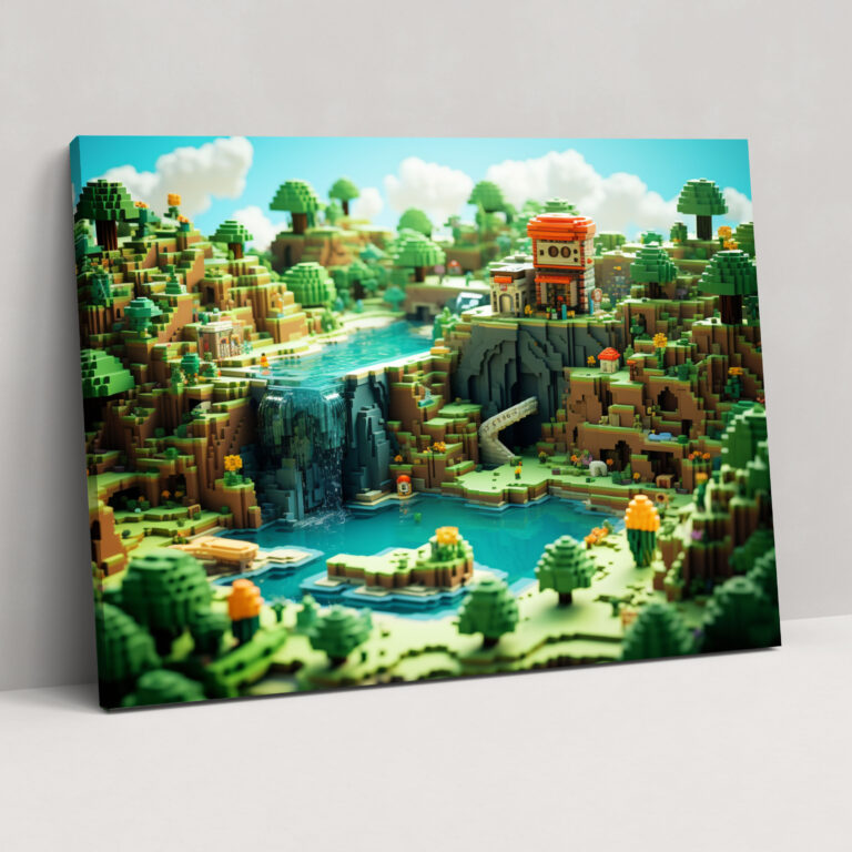 Lego Glass Print - Retro Pixel Art - Lego, Lego Landscape, Modern Art, Wall Decoration