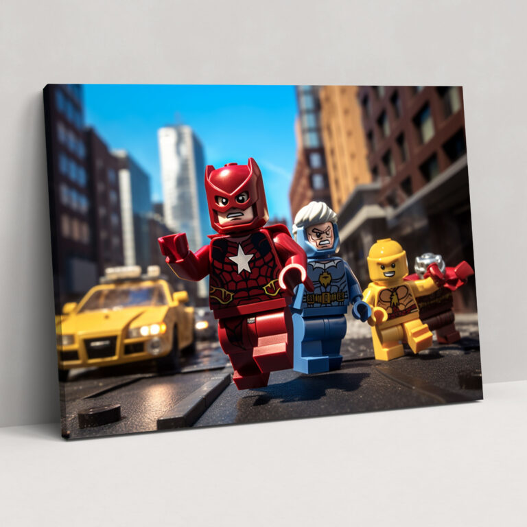 Lego Superhero Glass Wall Art - Lego, Dynamic Action Poses, Glass Art, Heroism
