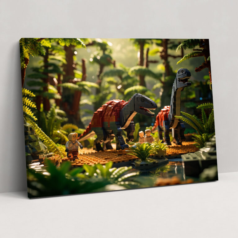 Lego Dinosaur Glass Print - Lego, Home Decoration, Prehistoric Landscape, Glass Art