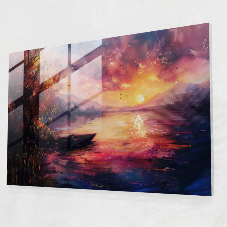 Leonid Afremov Glass Print Lakeside Sunset Wall Art - Leonid Afremov, Wall Decoration, Leonid Afremov, Home Decoration
