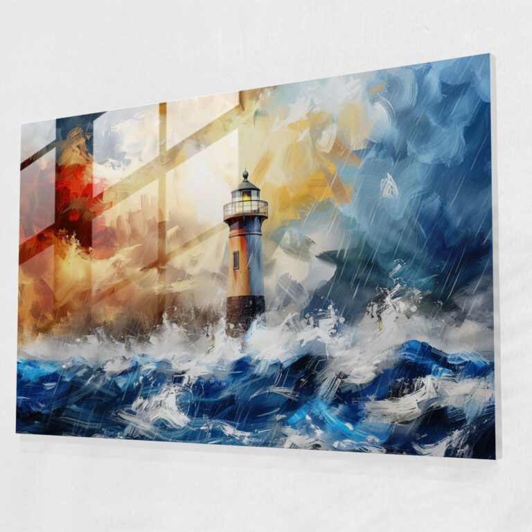 Leonid Afremov Glass Print - Majestic Lighthouse Stormy Sea - Leonid Afremov, Stormy Sea, Leonid Afremov, Glass Wall Art