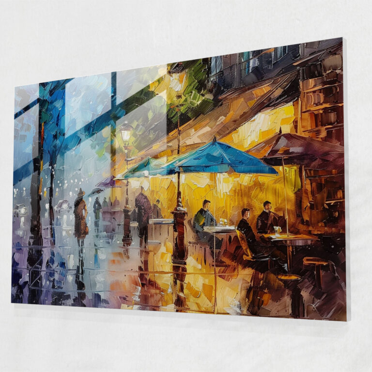 Leonid Afremov Glass Wall Art - Cozy Cafe People Umbrellas - Leonid Afremov, Glass Art, Umbrellas, Cozy Cafe