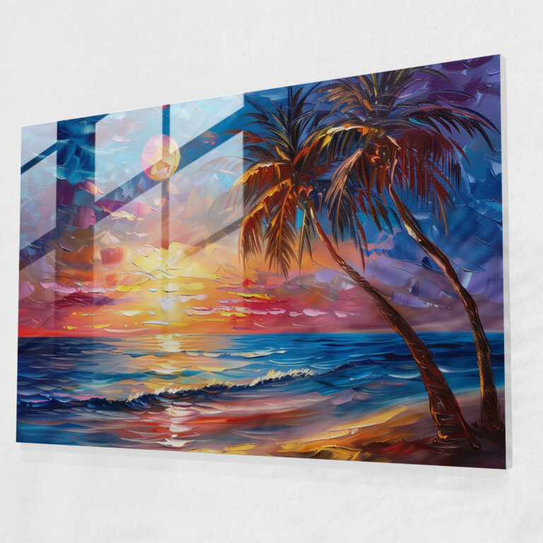 Leonid Afremov Glass Wall Art - Serene Beach Sunset Palm Trees - Leonid Afremov, Glass Wall Art, Modern Art, Home Decoration